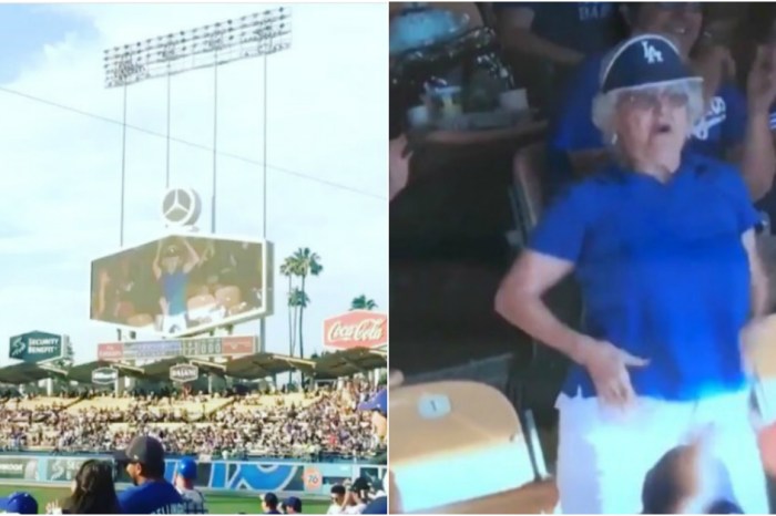 An elderly Dodgers fan decided to let it all hang out when she flashed her fellow fans and shocked the whole stadium