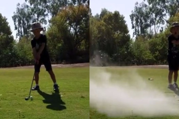 This young boy is left in complete disbelief after his father pranks him with a classic golf prank
