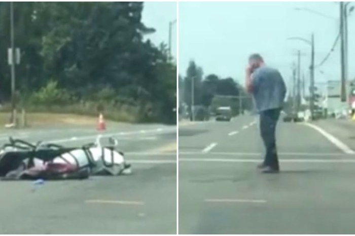 Drivers were stupefied when a corpse on a gurney rolled into an intersection