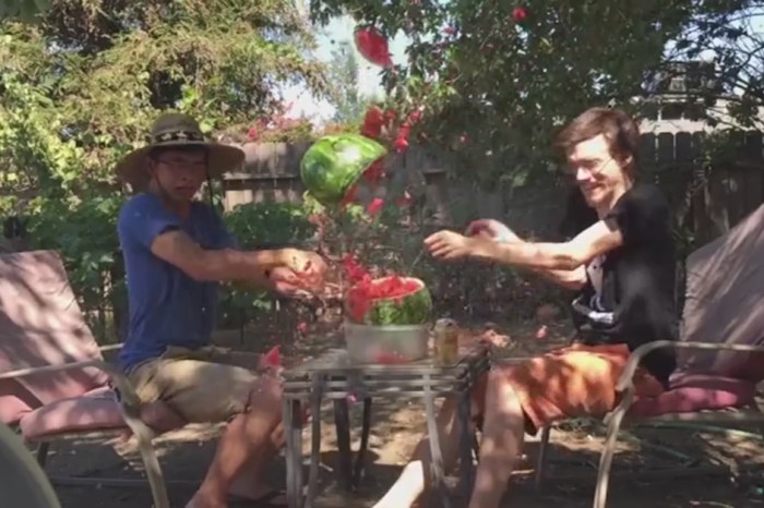 A pair of lads decided to see if they could make watermelon explode using rubber bands — they succeeded