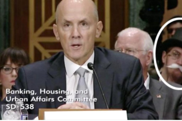 A prankster dressed up as the Monopoly Man and attended a super serious Senate hearing