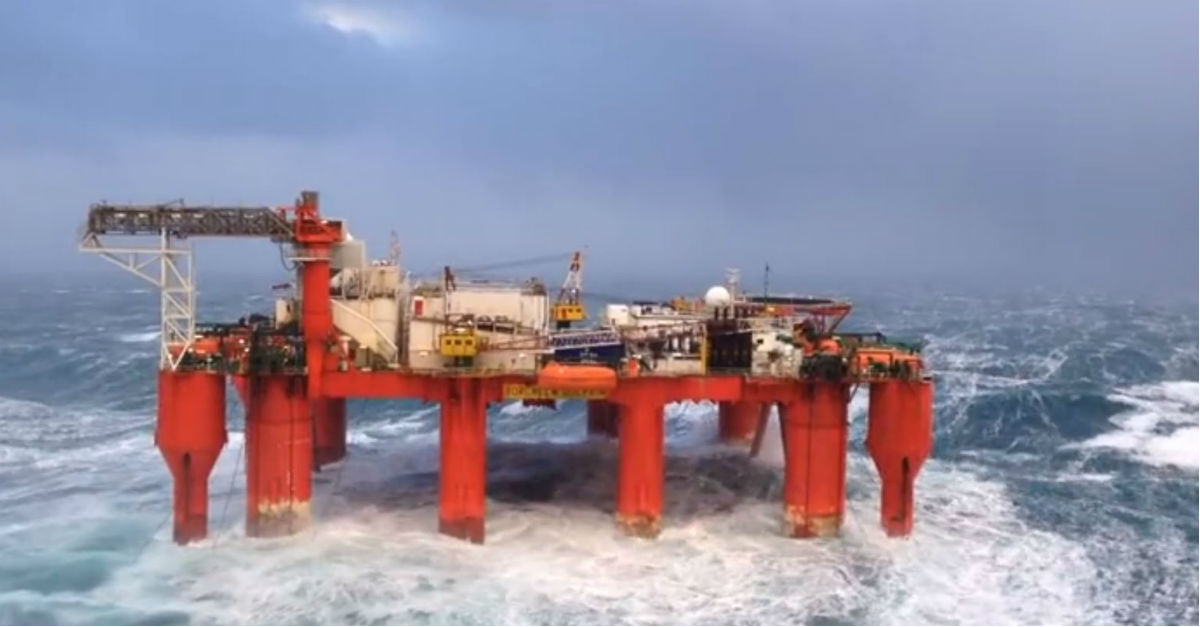 This video of monstrous North Sea waves bombarding an oil rig will have you swearing off the ocean