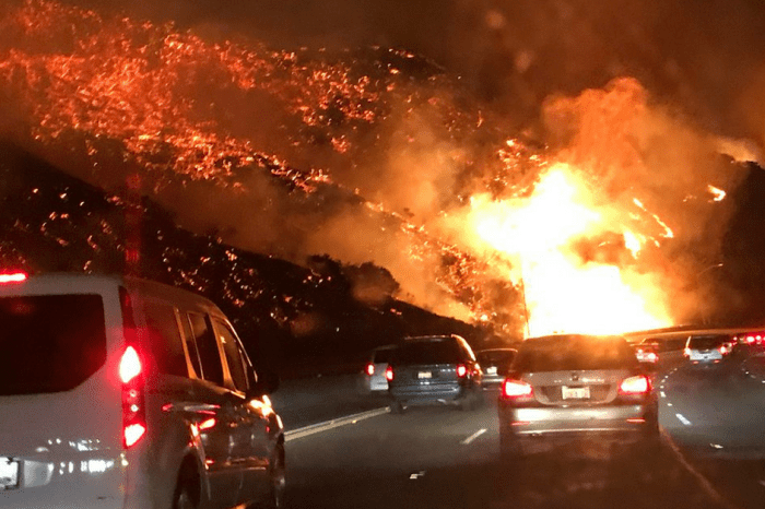 Terrifying footage shows the perilous commute many California drivers braved as a wildfire ravaged highways