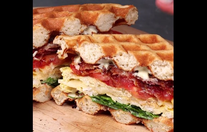 Every item on this epic breakfast sandwich is cooked in a waffle maker
