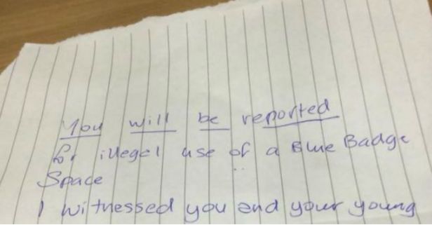 Woman and disabled daughter return to their car to find angry note from stranger