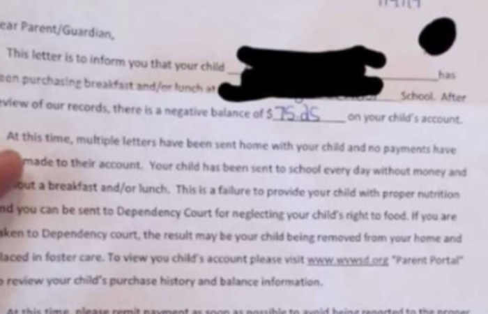School Warns Parents Their Children Could Be Put in Foster Care Over Lunch Debt