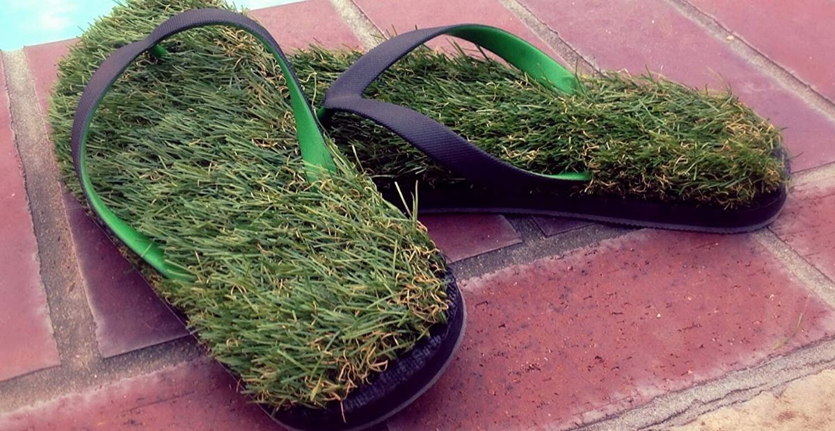 green grass flip flops