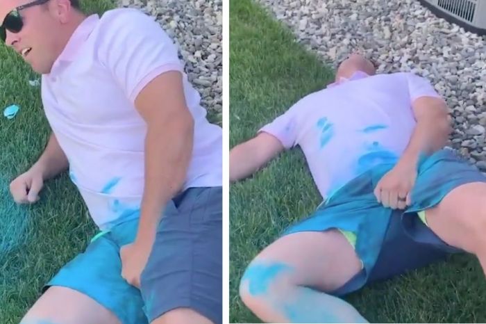 OUCH! Dad Get’s Hit in the Crotch By Gender Reveal Flare