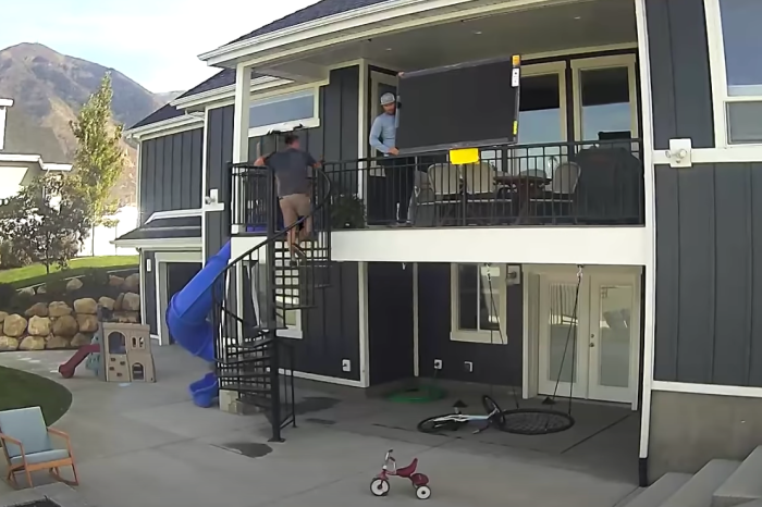 Little Boy Punches Mover in Crotch, Causing Flatscreen TV to Fall off Balcony