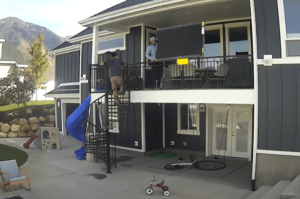 Little Boy Punches Mover in Crotch, Causing Flatscreen TV to Fall off Balcony