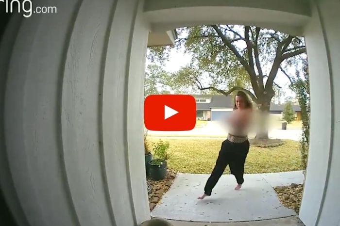 Clumsy Porch Pirate Loses Her Top While Trying to Steal Package